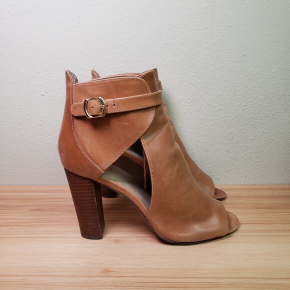 Vince Camuto 9.5‎ Venica Open Toe Heel Bootie Carmel Brown Leather Fall Staple - Picture 1 of 12